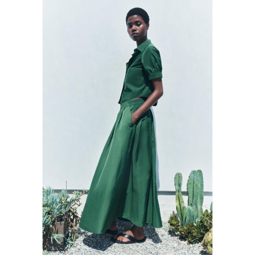 ZARA Maxi Skirt Voluminous Green Women XS-S Pull On Nylon Pocket New 2731/062 - Picture 1 of 10